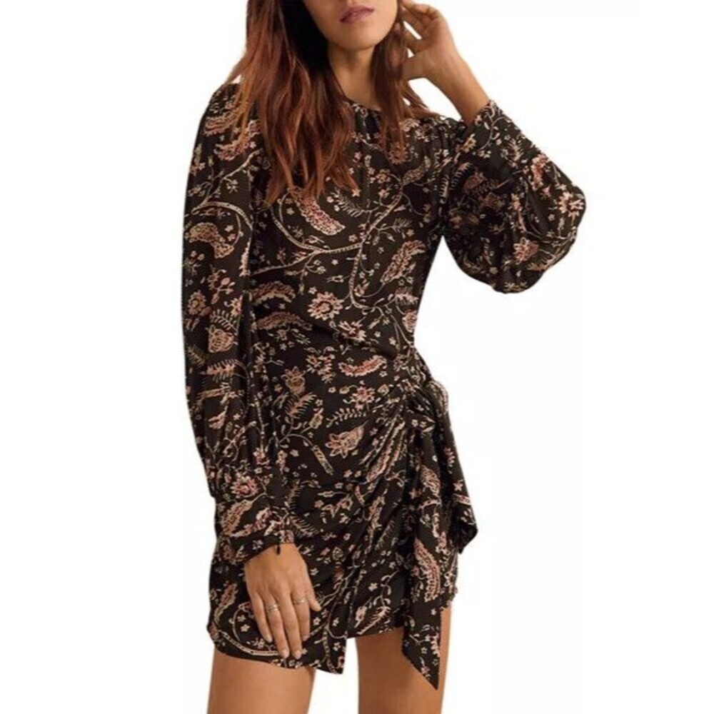 Ba&sh Lady Costel Paisley Dress 0 XS Black Floral Ruched Long Sleeve Mini